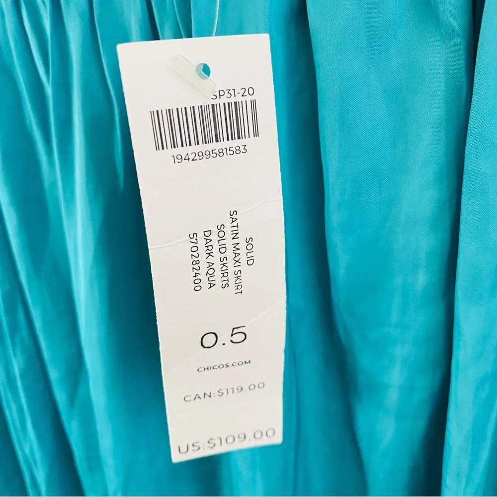Chico’s NWT Dark Aqua‎ Solid Satin Stretch Waist Flowy Maxi Skirt Size 6